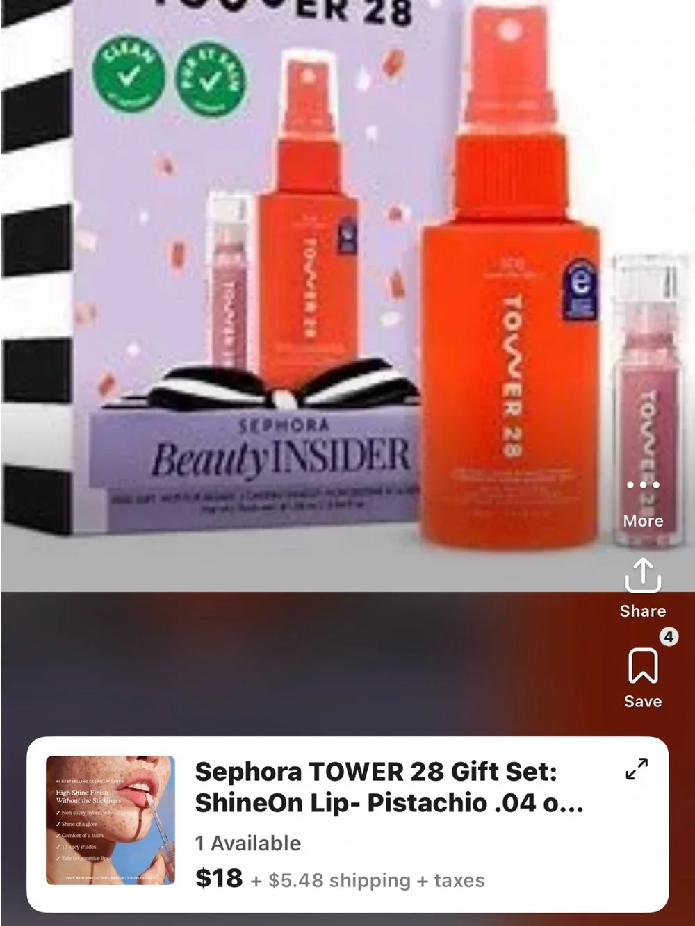 TWO boxes Tower 28-ShineOn Lip-Pistachio & SOS Daily Rescue Spray